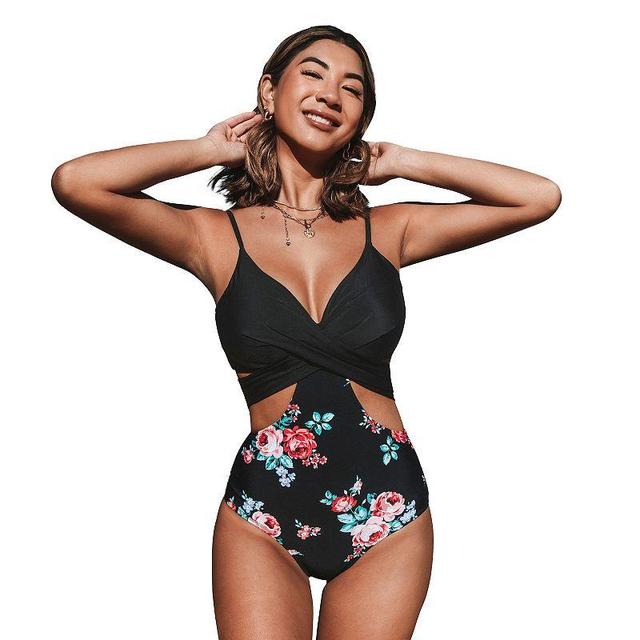 Womens CUPSHE Floral Cutout V-Neck One-Piece Swimsuit Black Product Image