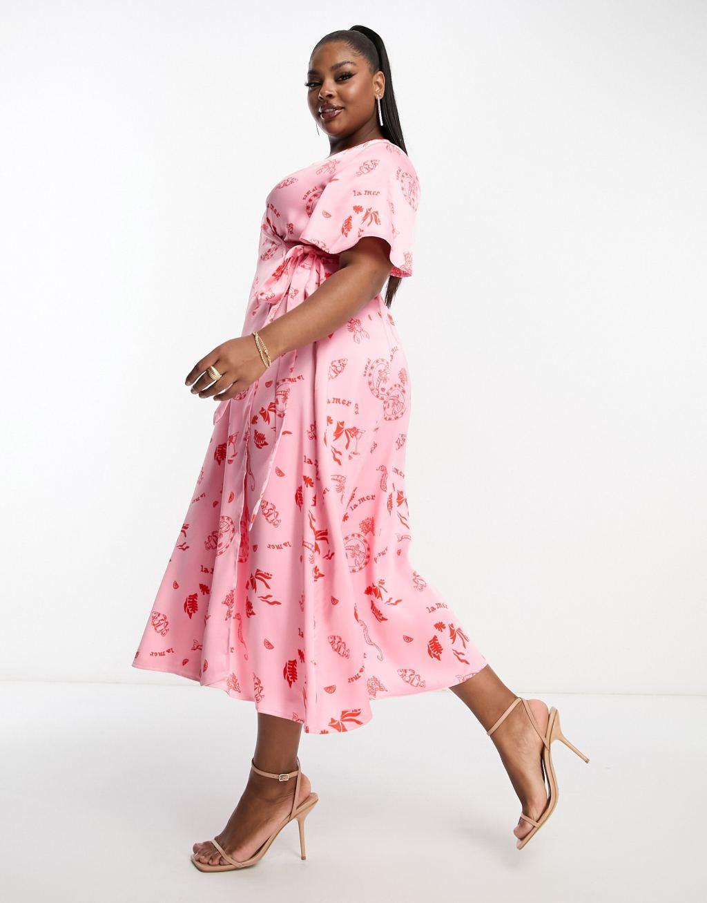 Never Fully Dressed Plus wrap tie midi dress in pink la mer print Product Image