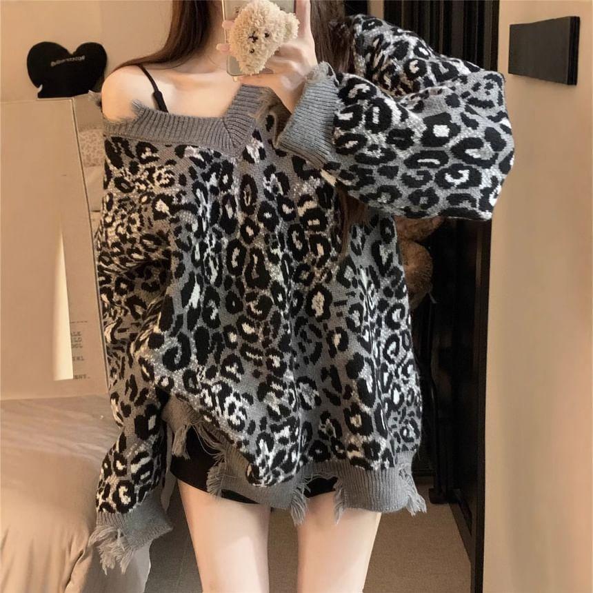 V-Neck Leopard Print Sweater Product Image