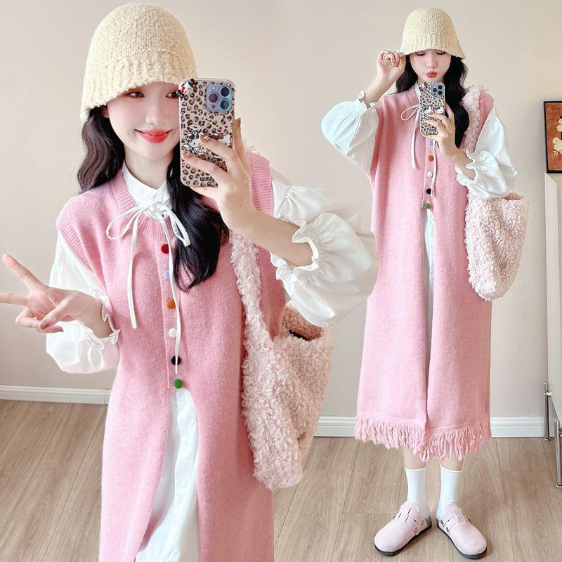 Maternity Sleeveless Slit Hem Pom Pom Knit Maxi A-Line Dress / Long-Sleeve Plain Shirt Dress Product Image