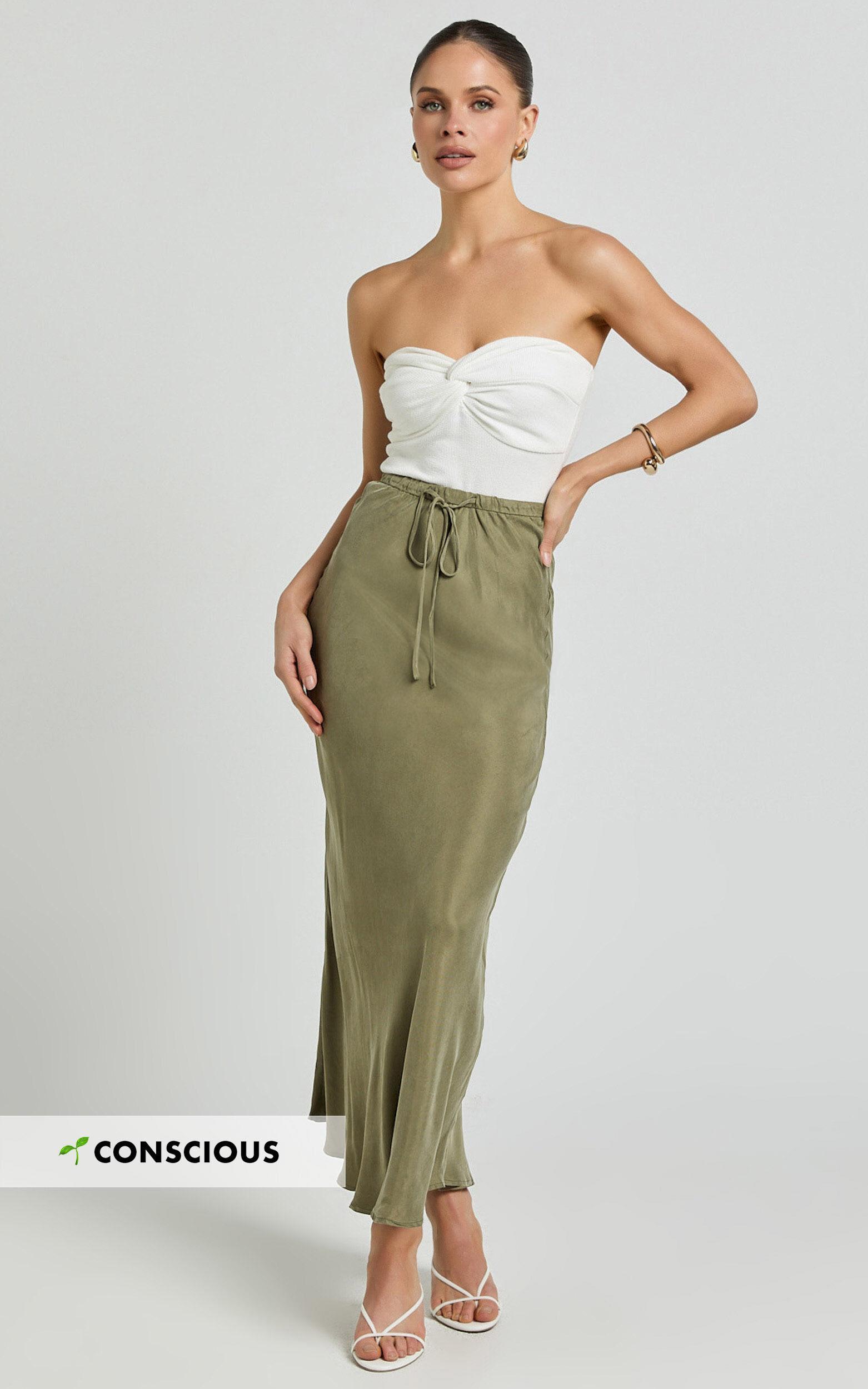 Wilhelmine Maxi Skirt - Cupro High Waisted Drawstring Slip Skirt in Moss Product Image