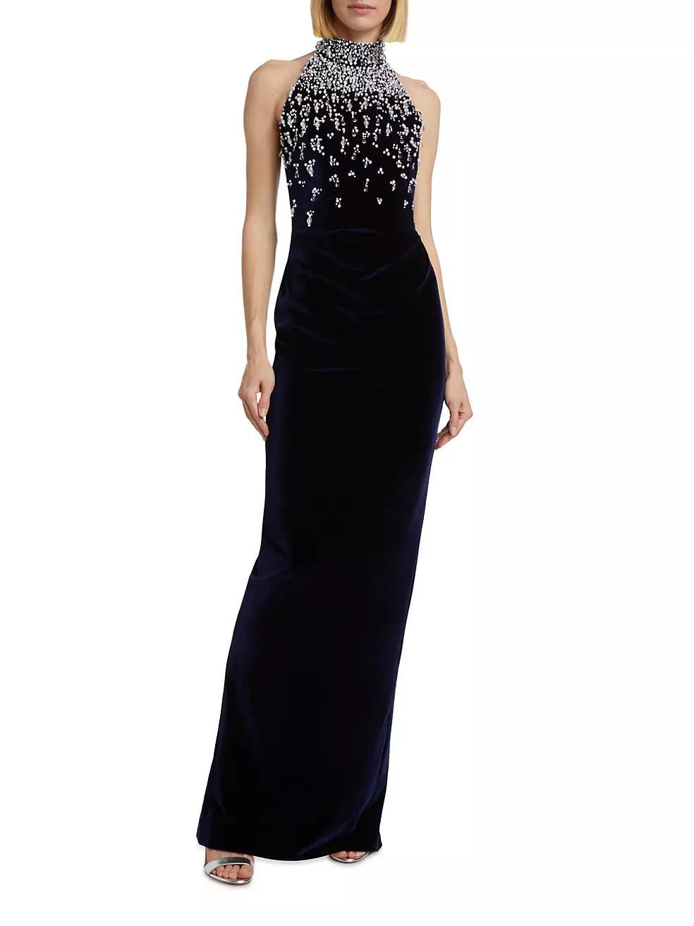 Beaded Velvet Halter Gown Product Image