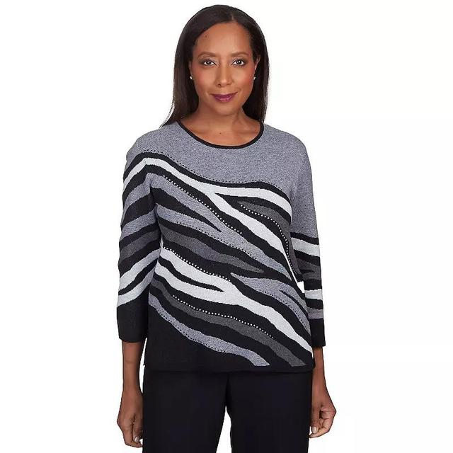 Petite Alfred Dunner Zebra Stripe Jacquard Crewneck Sweater, Womens Product Image