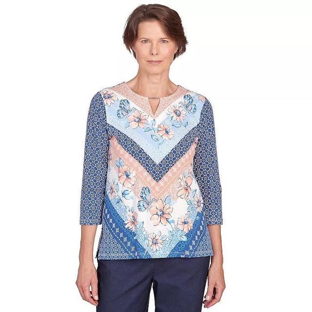 Petite Alfred Dunner Chevron Floral Split Neck Top, Womens Product Image