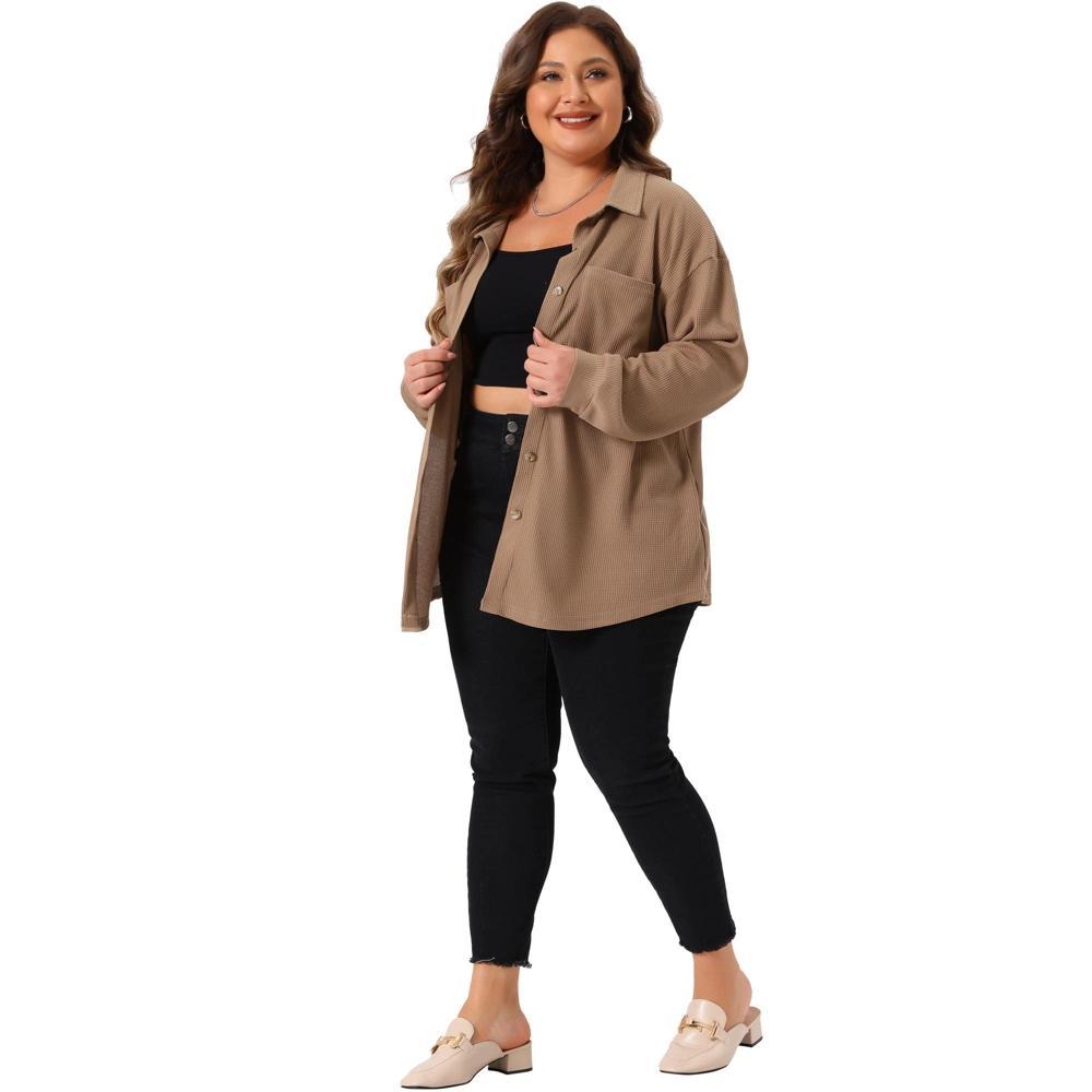 Agnes Orinda Women's Plus Size Waffle Knit Shacket Pocket Loose Long Sleeve Button Down Shirts Product Image