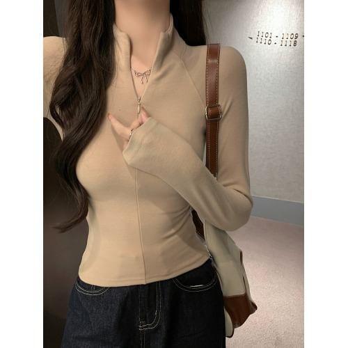 Long-Sleeve Stand Collar Plain Half-Zip Slim Fit Tee Product Image