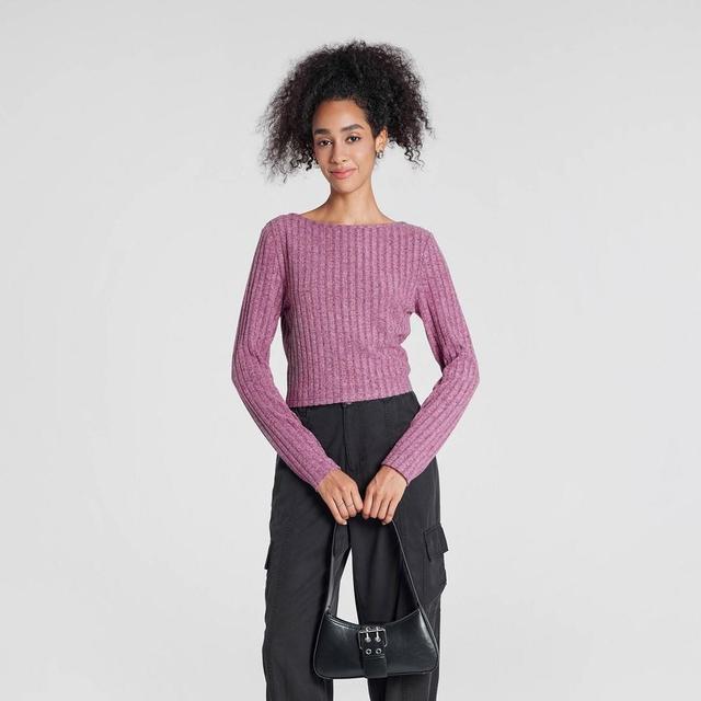 Womens Long Sleeve Rib-Knit Boat Neck Top - Wild Fable Berry Purple L Product Image