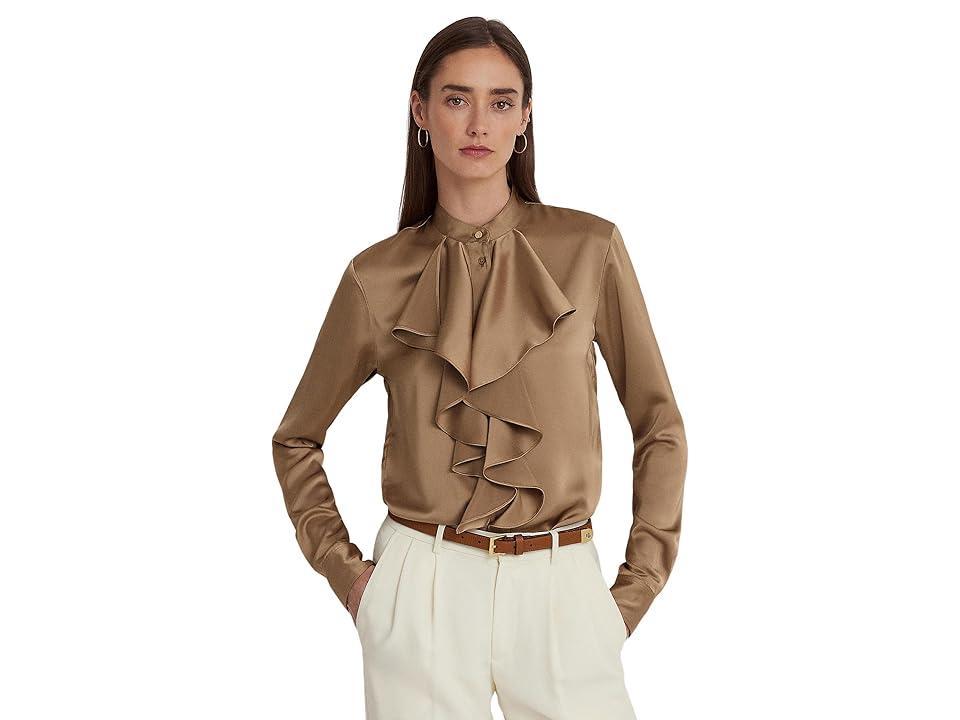 Lauren Ralph Lauren Ruffle-Trim Satin Charmeuse Shirt (Classic Camel) Women's Clothing product image