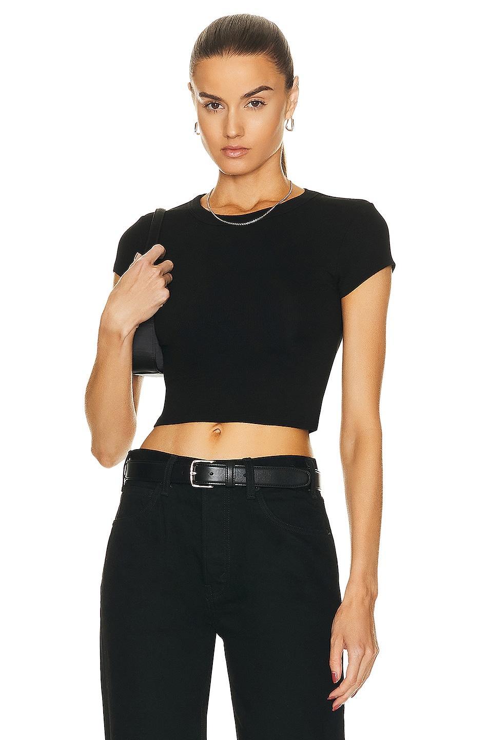 Enza Costa Silk Knit Cropped Cap Sleeve T-shirt Black. (also in XL, XS). Product Image