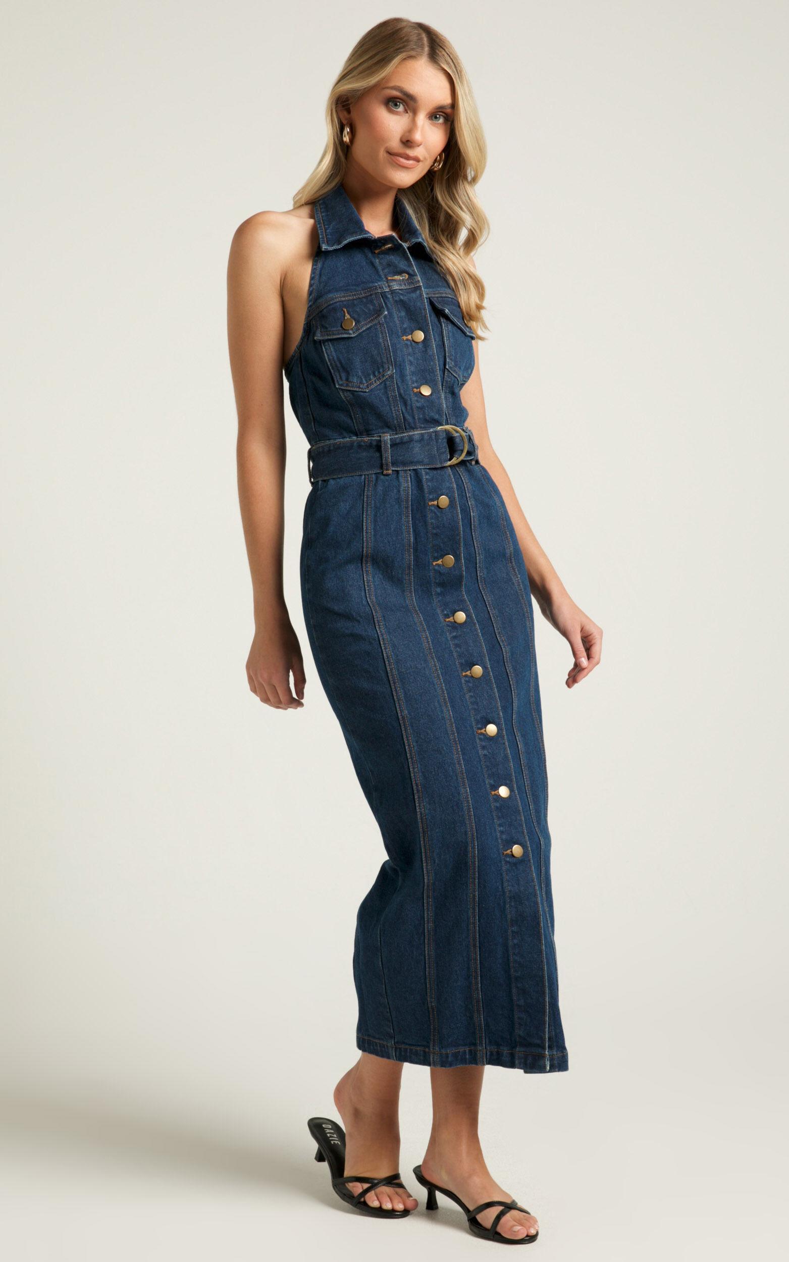 Dubai Denim Midi Dress - Sleeveless Collared Halter Neck in Dark Wash Product Image