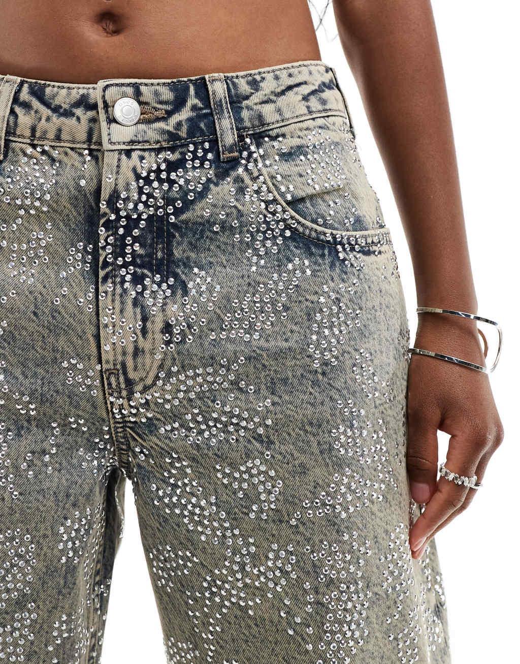 ASOS DESIGN embellished mid rise baggy boyfriend jeans in sand wash Product Image