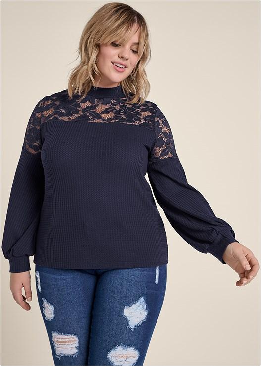 Waffle Mock-Neck Lace Top Product Image