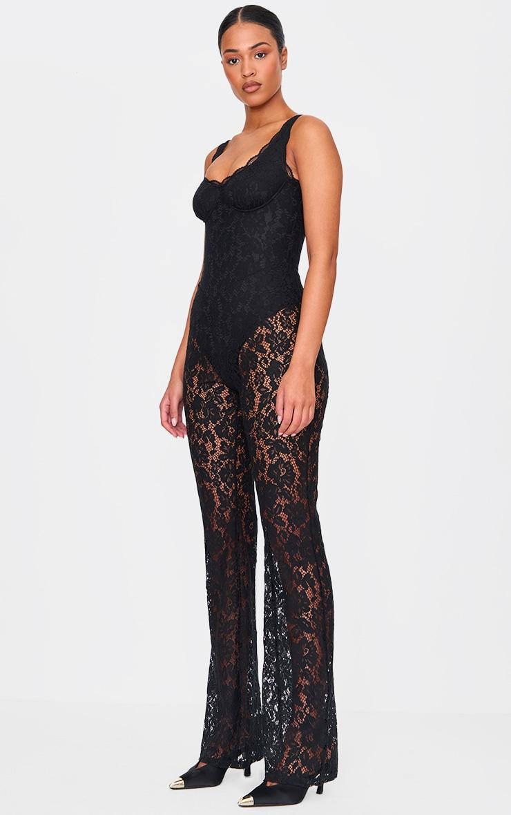 Tall Black Lace Boning Detail Strappy Flared Jumpsuit Product Image