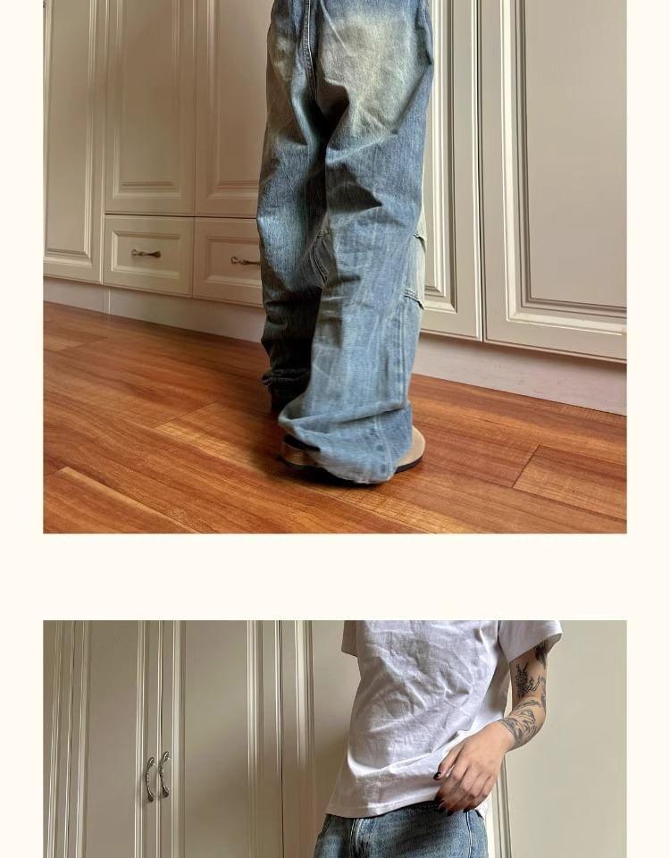 High Rise Washed Wide Leg Cargo Jeans Product Image