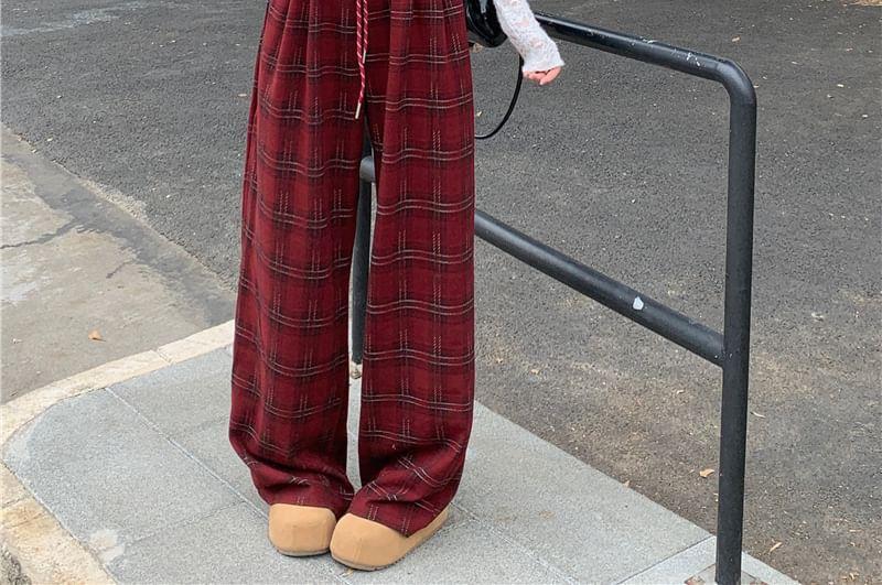 Drawstring Waist Plaid Wide Leg Pants Product Image