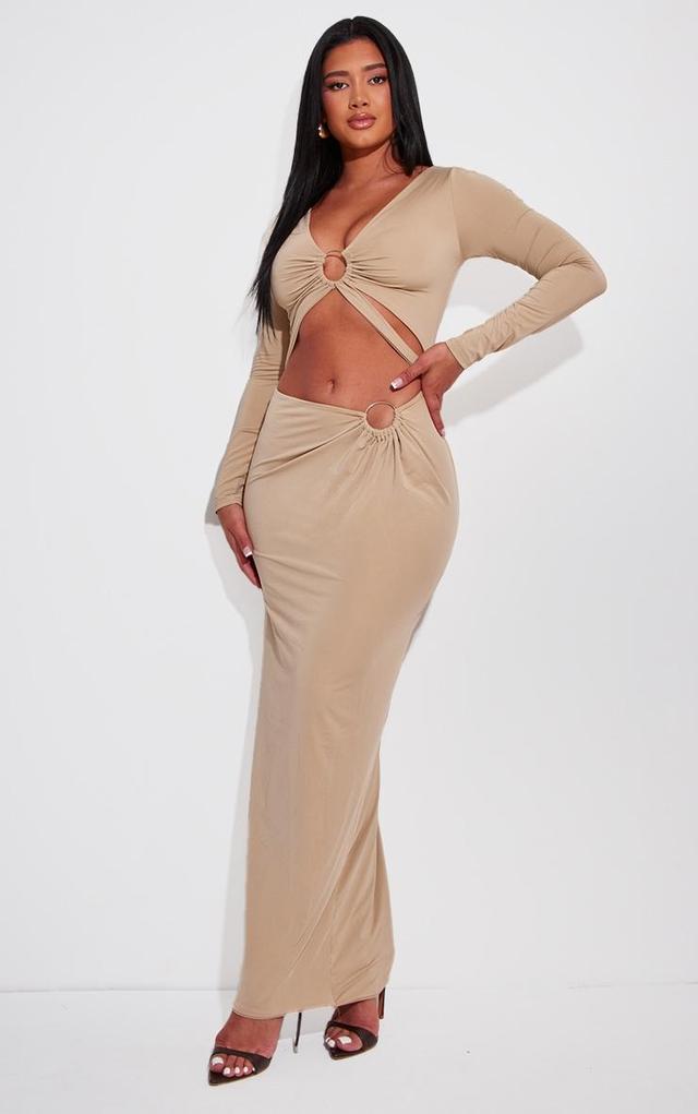 Shape Taupe Slinky Cut Out Ring Long Sleeve Maxi Dress Product Image