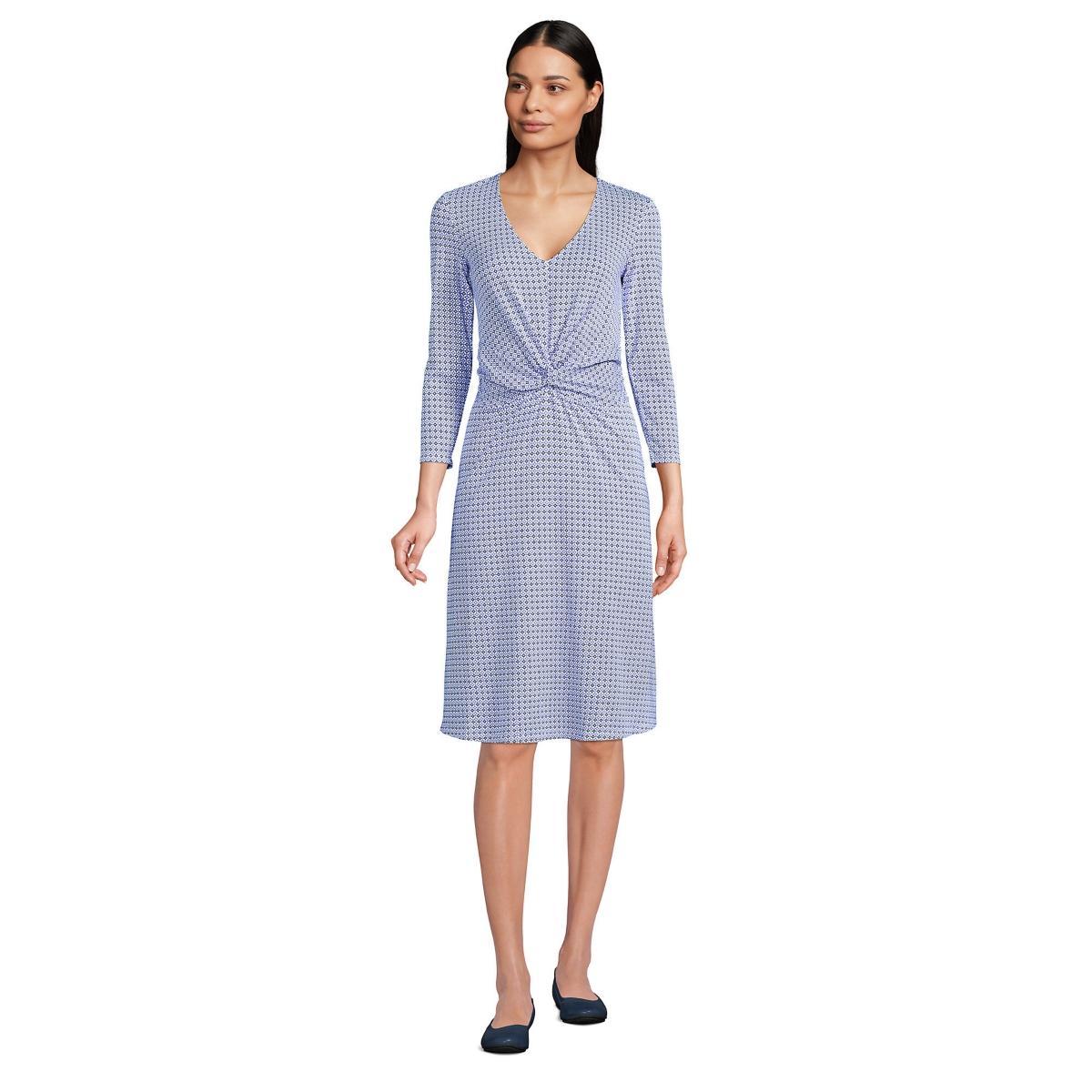 Lands End Womens Plus Size Lightweight Cotton Modal 3/4 Sleeve Fit and Flare V-Neck Dress Product Image