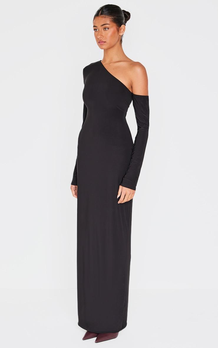  Black Double Slinky Asymmetric Neck Long Sleeve Maxi Dress Product Image