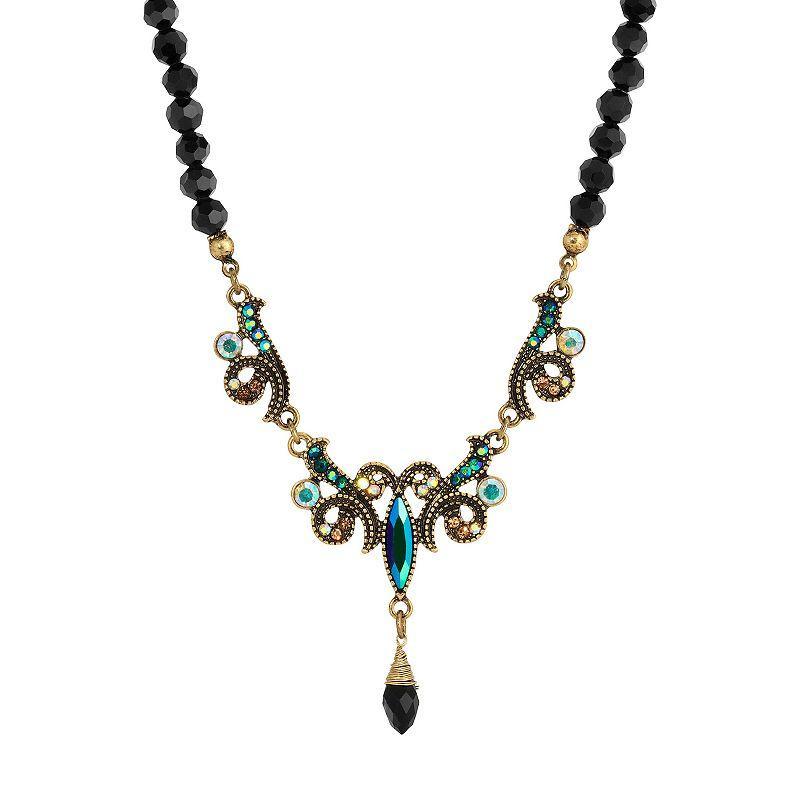 1928 Gold Tone Blue Iridescent Glass Stone and Jet Black Bead Necklace, Womens Product Image