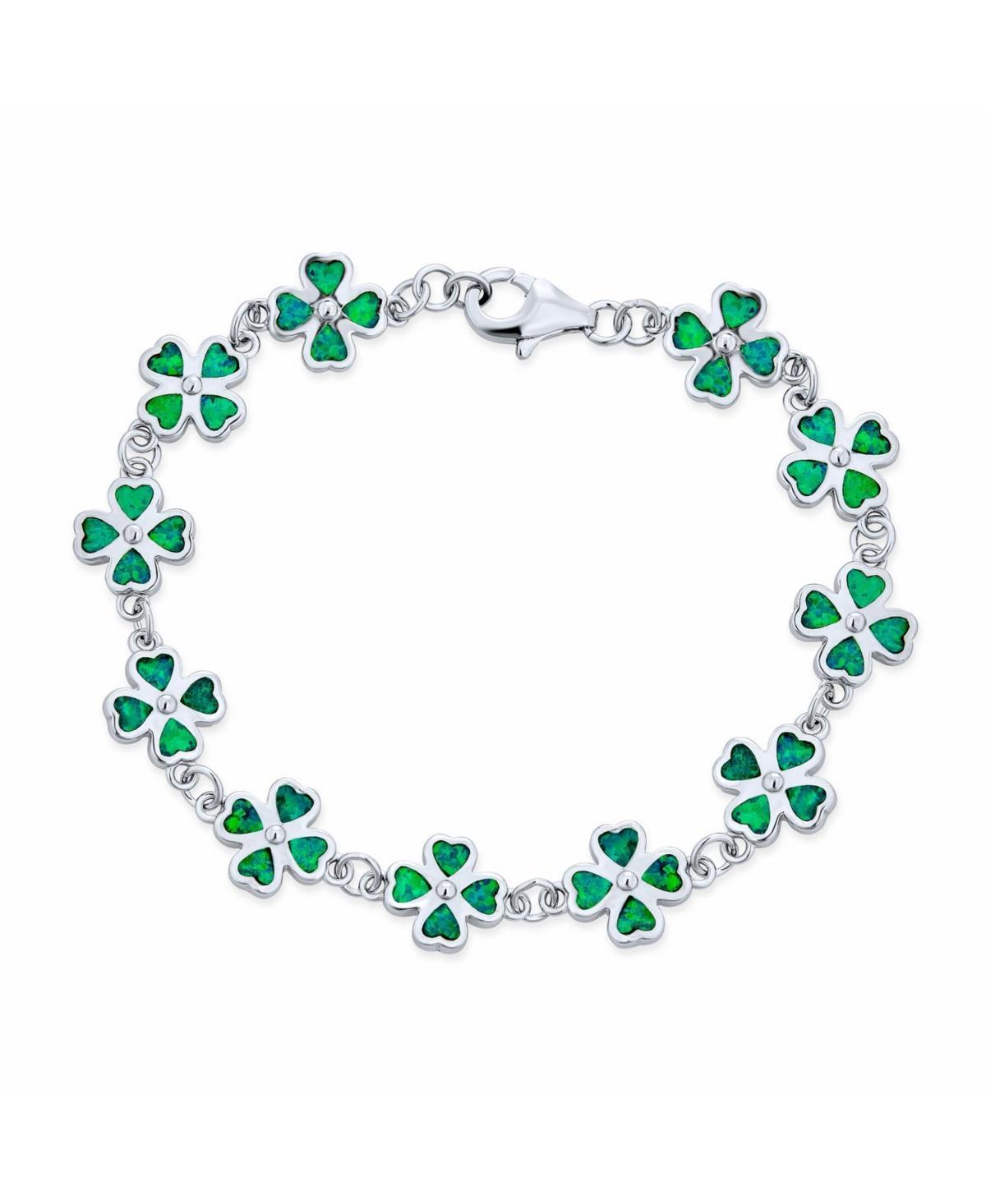 Bling Jewelry Created Synthetic Opal Inlay Green Shamrock Irish Lucky Clover Leaf Heart Shaped Link Charm Bracelet For Women Sterling Silver - Green m Product Image