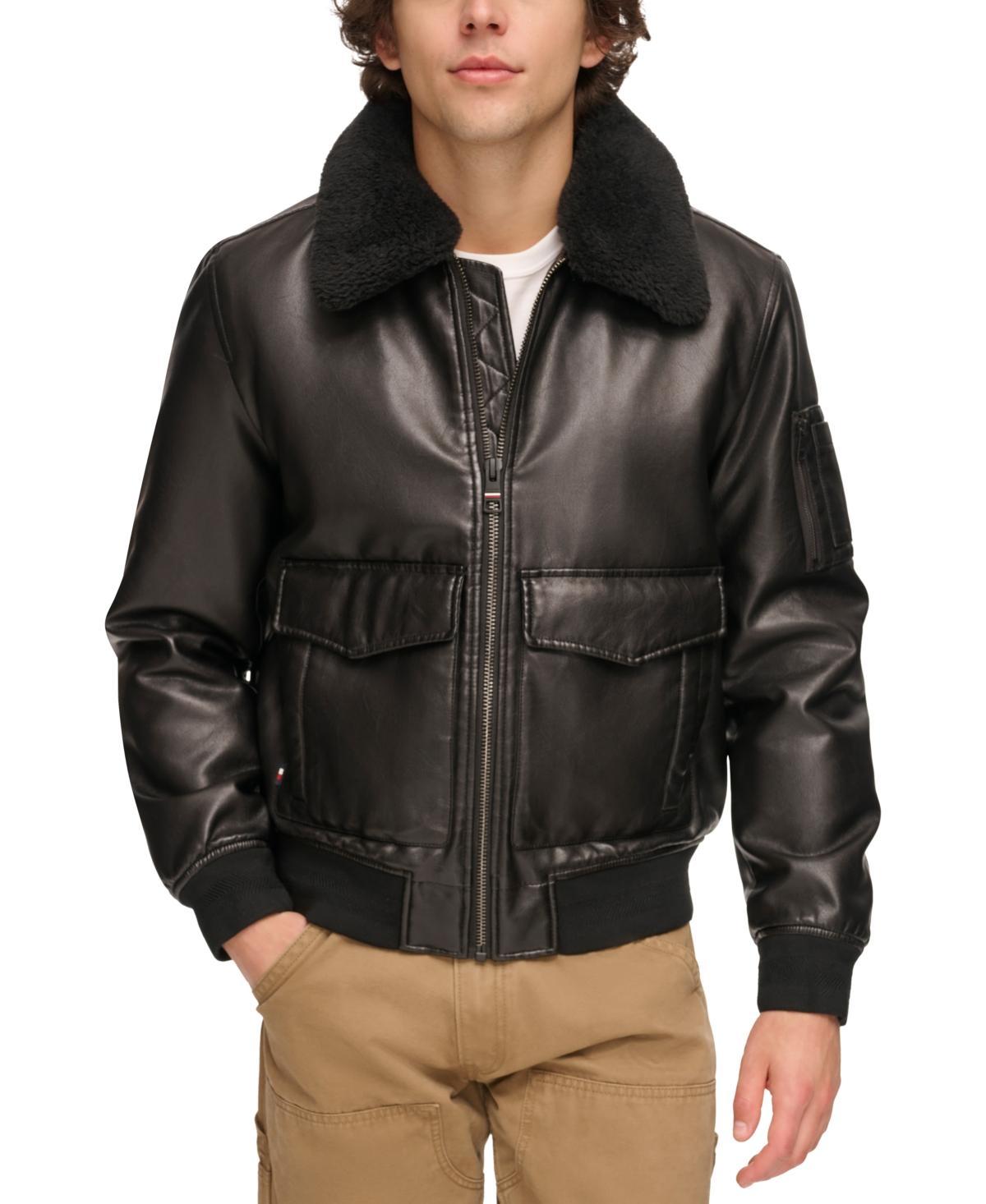 Tommy Hilfiger Mens Faux-Fur-Trim Faux-Leather Bomber Jacket Product Image