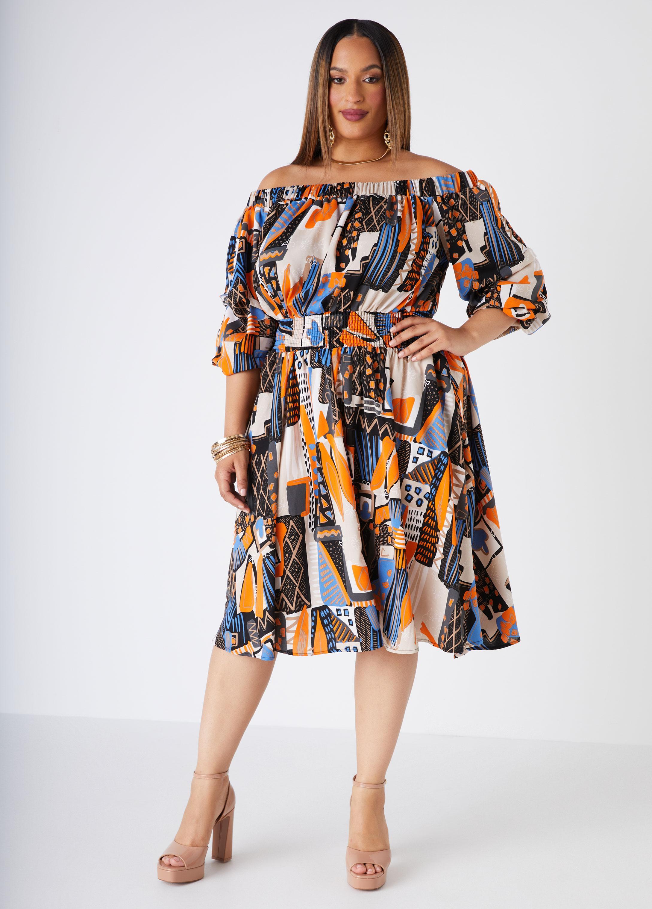 Plus Size Abstract Off The Shoulder Dress Ashley Stewart Product Image