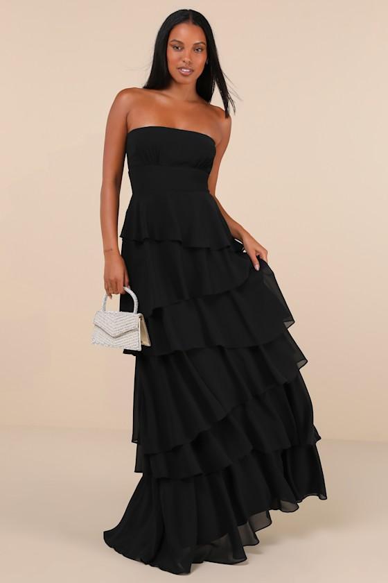 Gorgeous Essence Black Strapless Tiered Maxi Dress Product Image