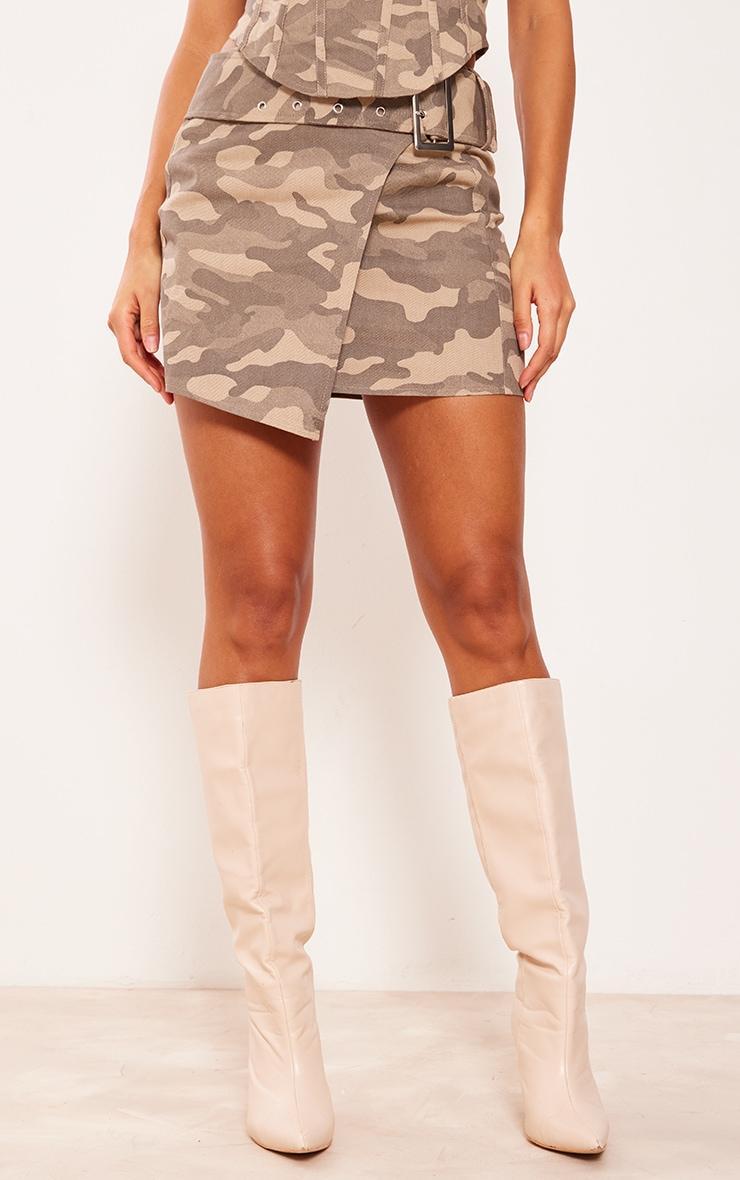 Brown Camo Buckle Detail Denim Mini Skirt Product Image