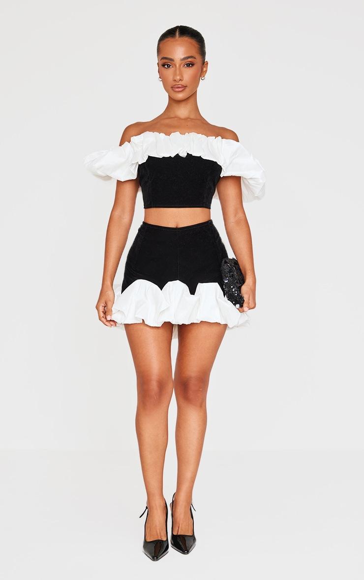 Petite Black Velvet Ruffle Detail Bardot Crop Top Product Image