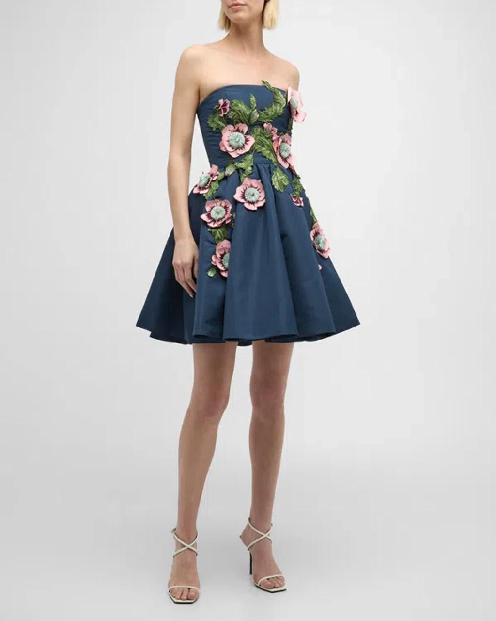 OSCAR DE LA RENTA Strapless Hibiscus Embroidered Faille Mini Dress In Navy Product Image