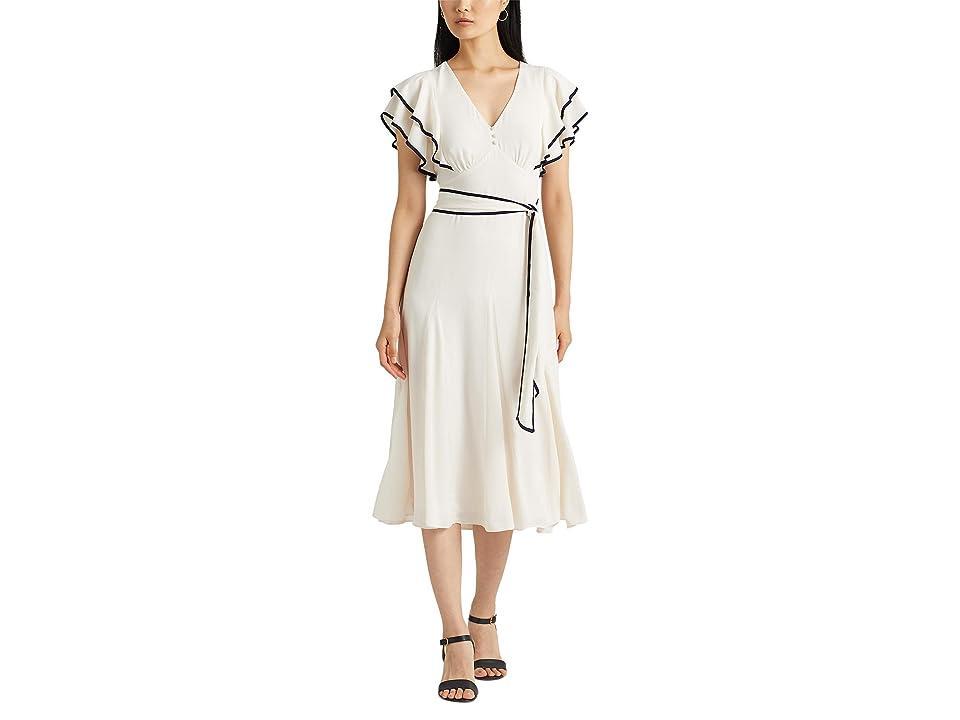 LAUREN Ralph Lauren Belted Georgette Flutter-Sleeve Dress (Mascarpone Cream/Navy) Women's Dress Product Image