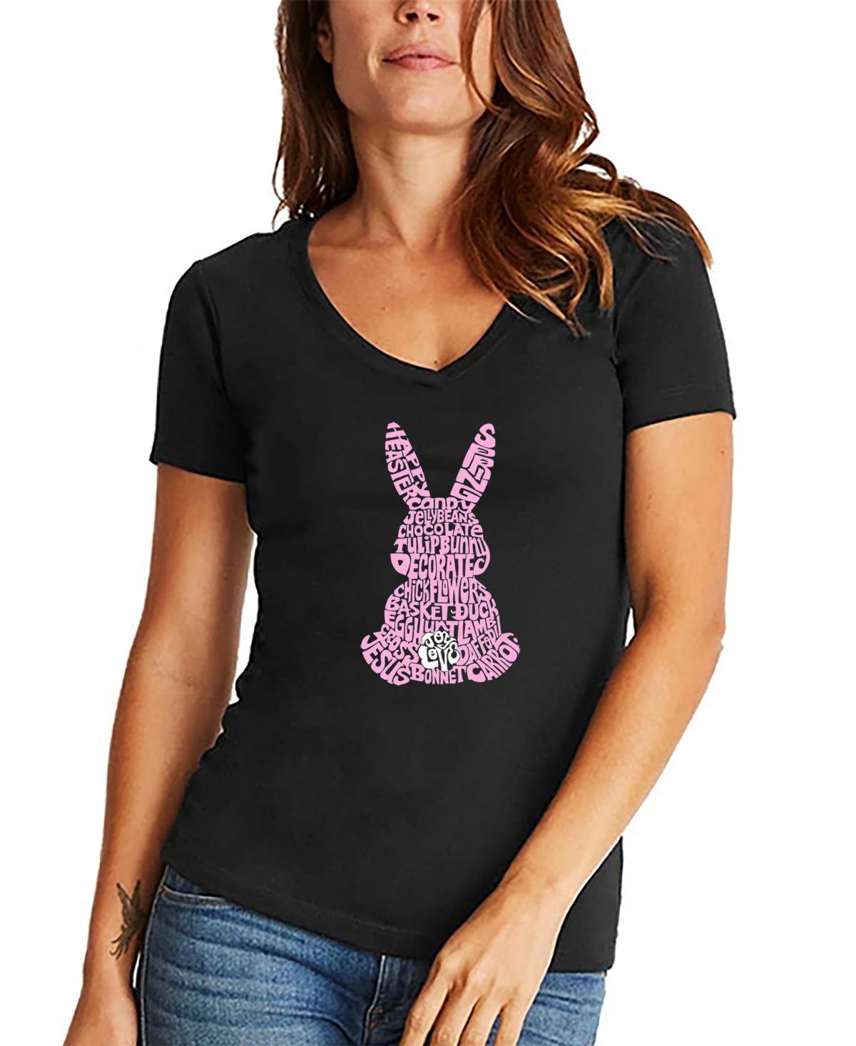 La Pop Art Womens Easter Bunny Word Art V-Neck T-shirt Product Image