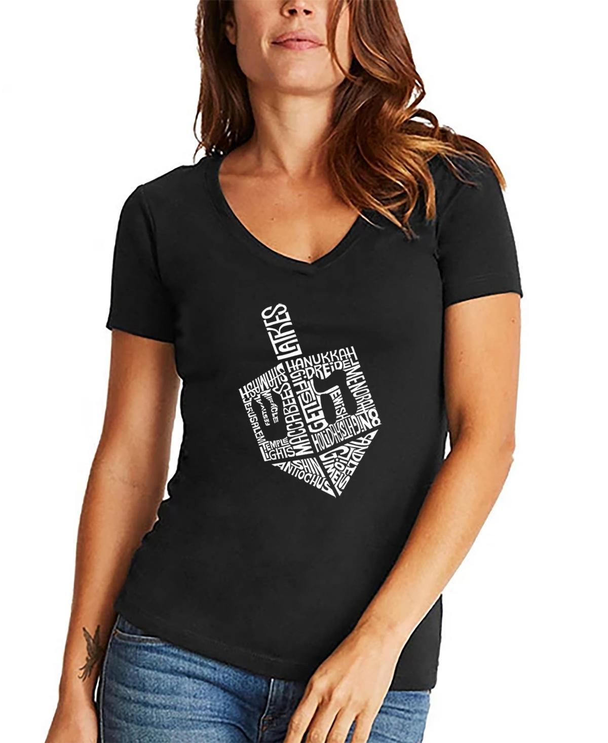 La Pop Art Womens Hanukkah Dreidel Word Art V-neck T-shirt Product Image