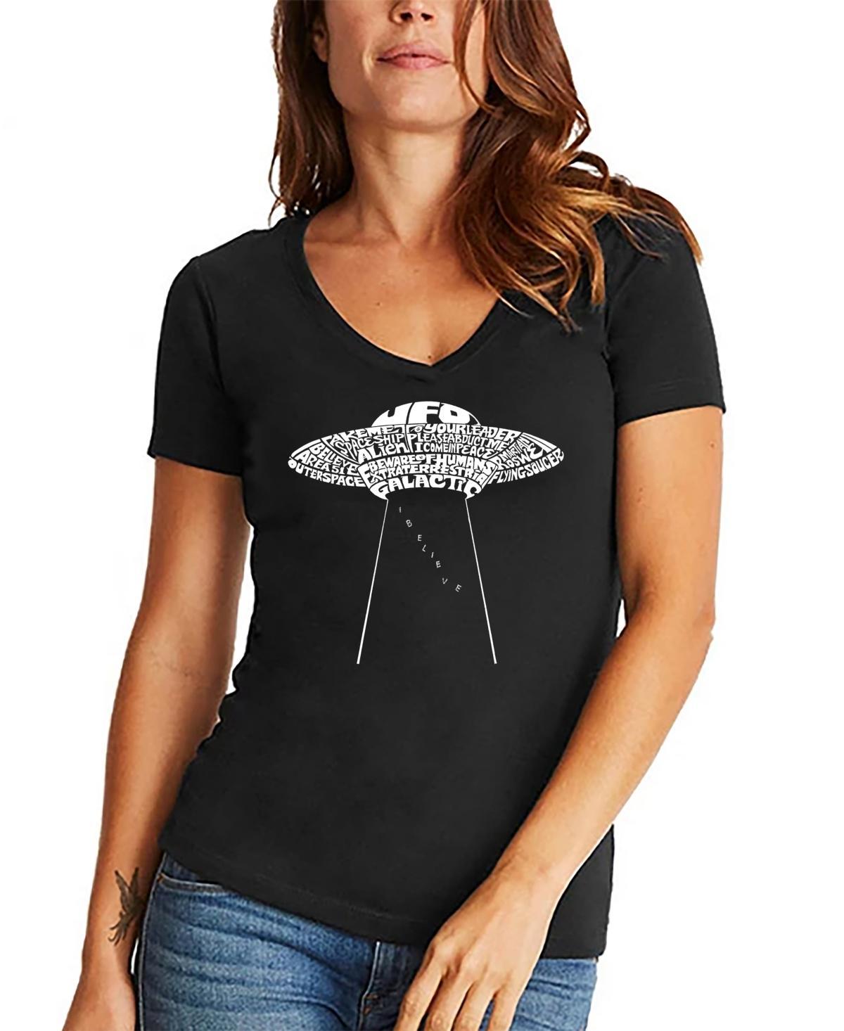 Womens Word Art Flying Saucer Ufo V-Neck T-Shirt Product Image