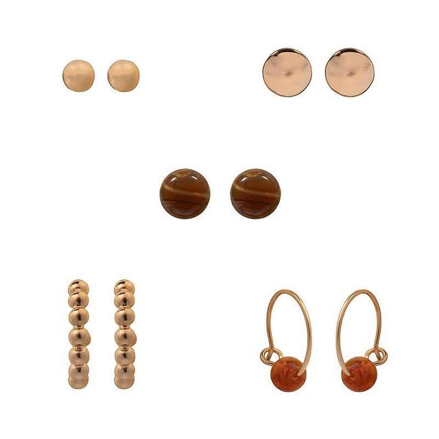 Sonoma Goods For Life Gold Tone Earth Tone Beads 5-Pack Nickel Free Stud & Huggie Earrings Set, Womens, Brown Product Image