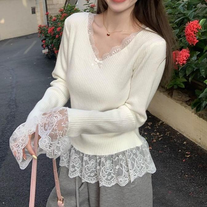 V-Neck Plain Bow Lace Trim Sweater Product Image