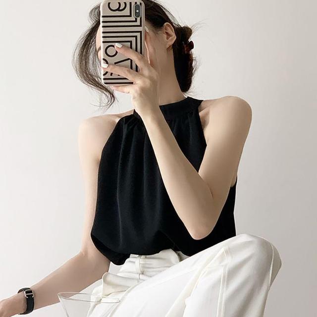 Sleeveless Halter Plain Blouse Product Image