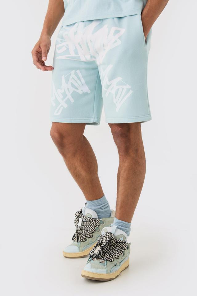 Mens Blue Loose Fit Graffiti Printed Jersey Shorts, Blue Product Image