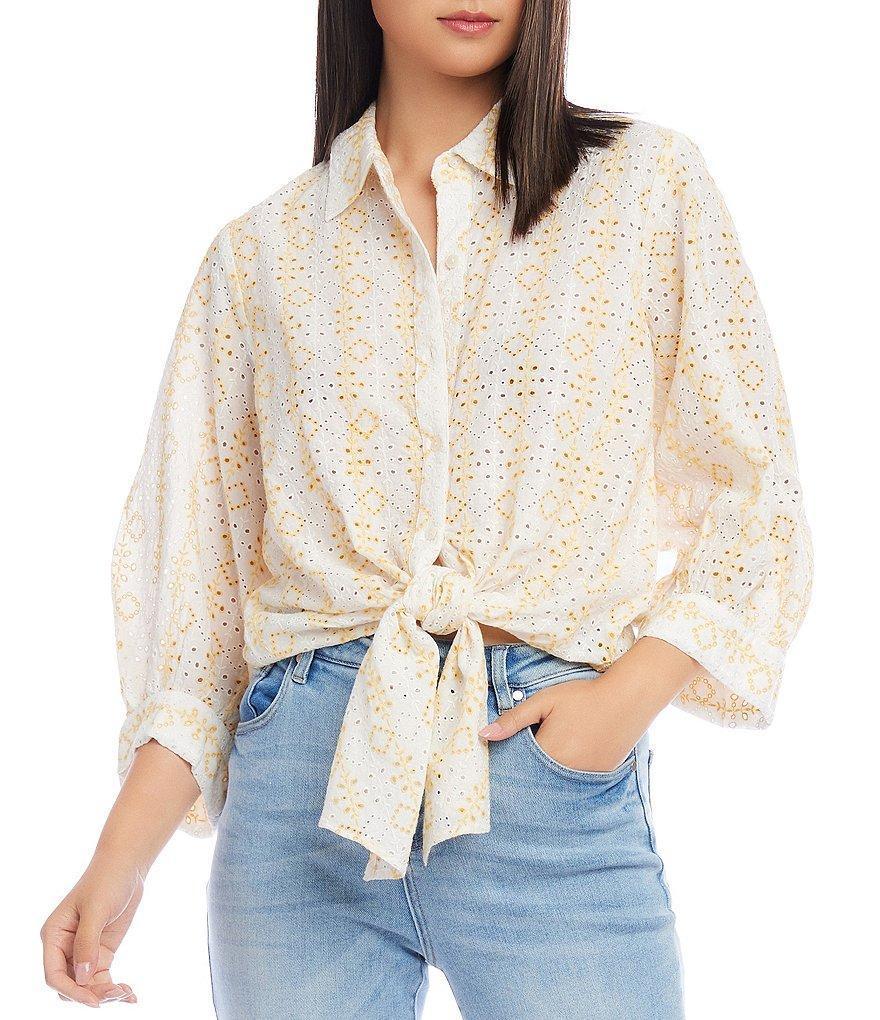 Karen Kane Petite Size Contrast Embroidered Eyelet 3/4 Blouson Sleeve Button Down Tie-Front Top Product Image