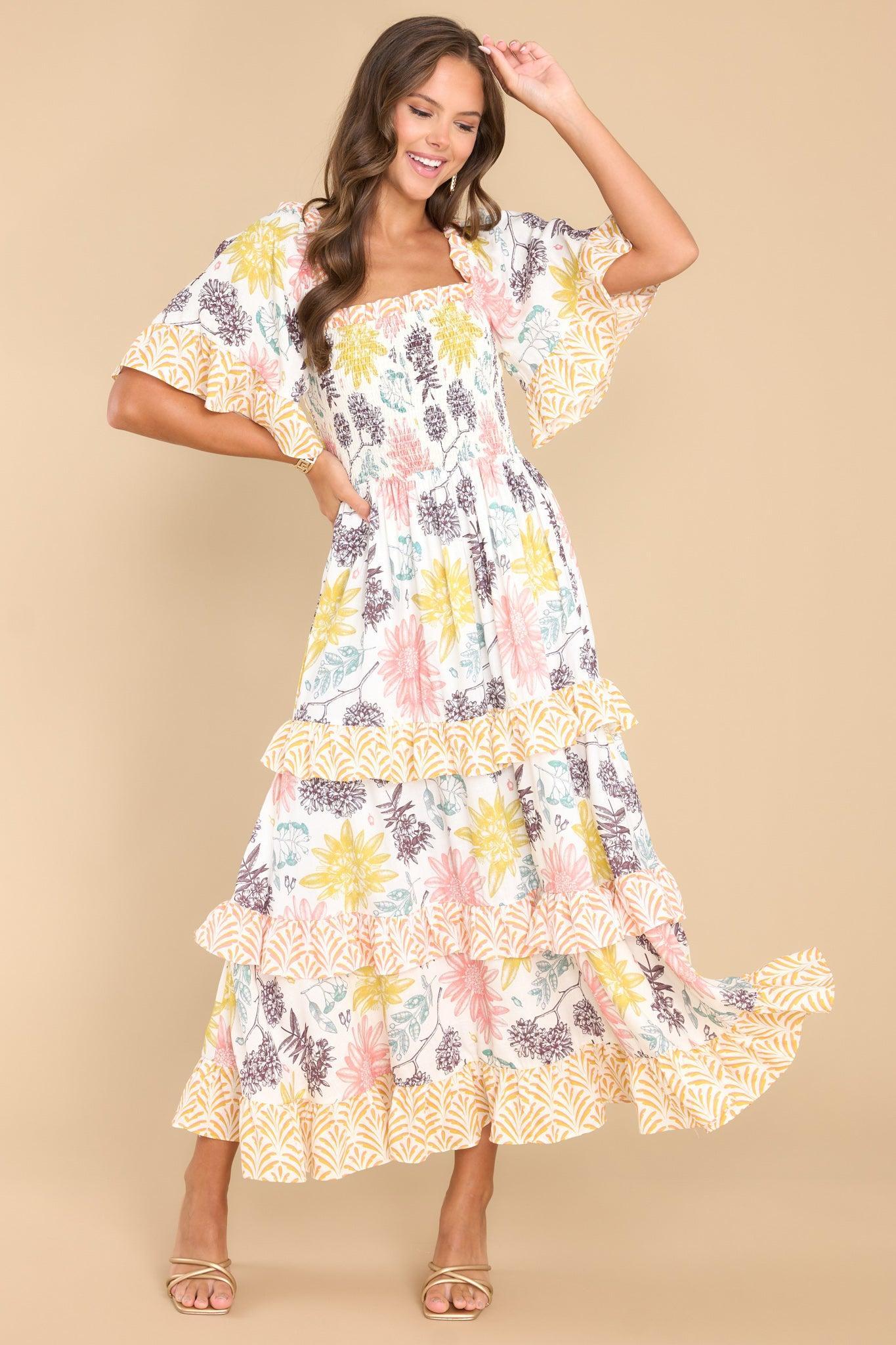 Aura Stay Awhile Ivory Floral Print Maxi Dress Product Image