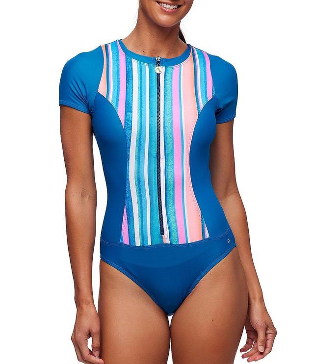 NEXT by Athena Hampton Stripe Malibu Crew Neck Short Sleeve Scuba Inspired One Piece Swimsuit Product Image