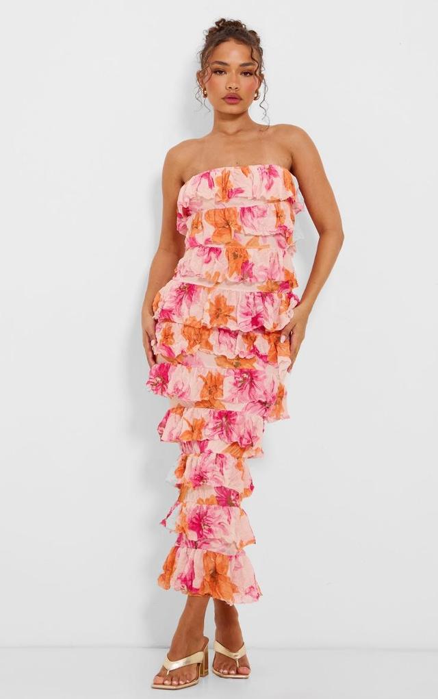 Petite Orange Crushed Mesh Bandeau Ruffle Maxi Dress Product Image