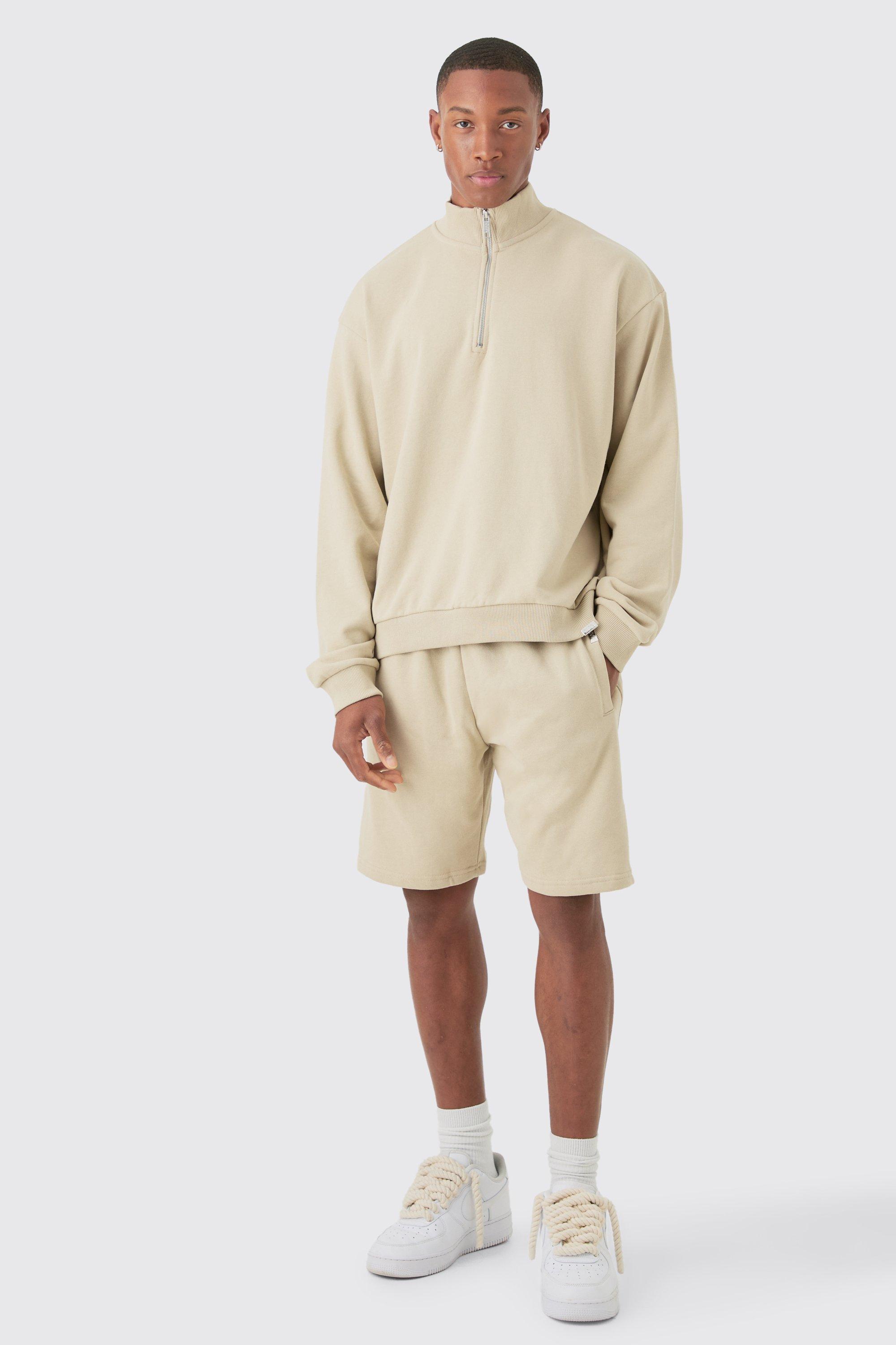 Mens Beige Oversized Boxy 1/4 Zip Sweatshirt Loopback Short Tracksuit, Beige Product Image