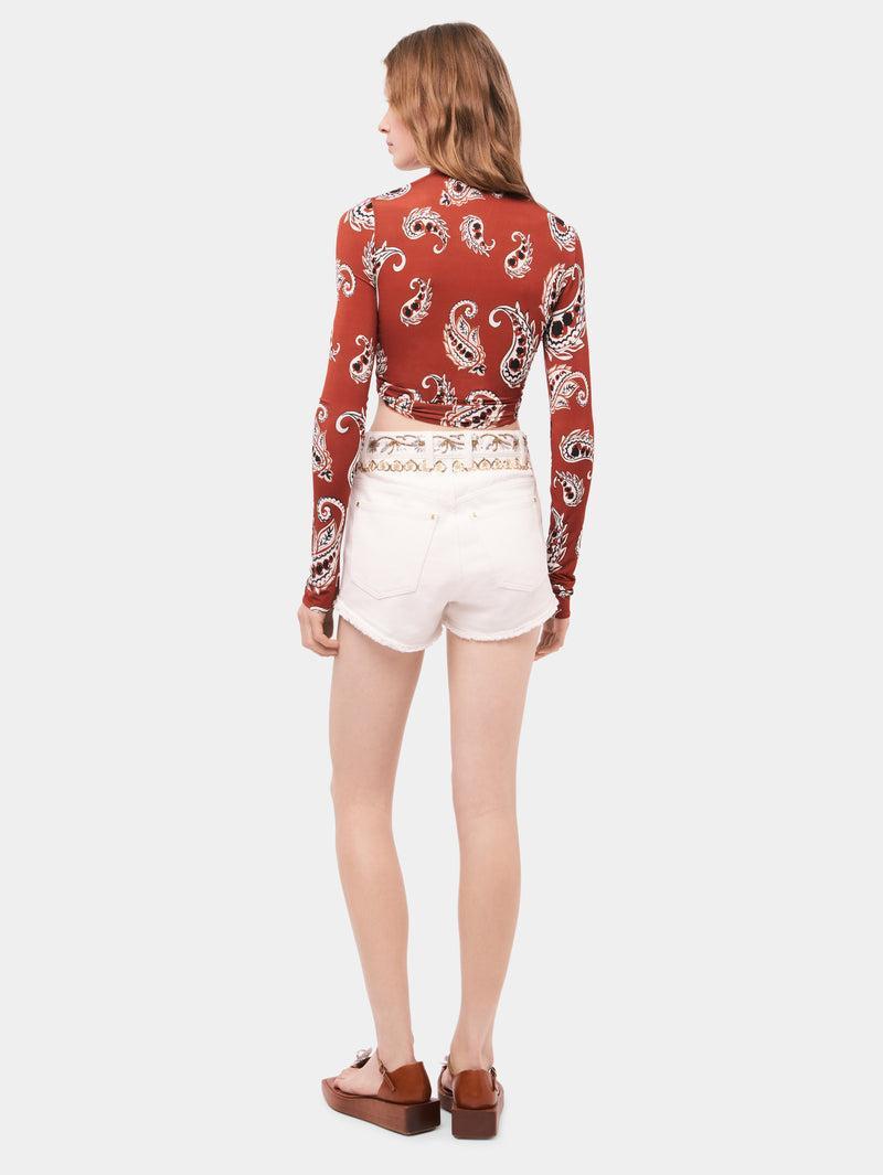 Embroidered off white denim shorts Product Image