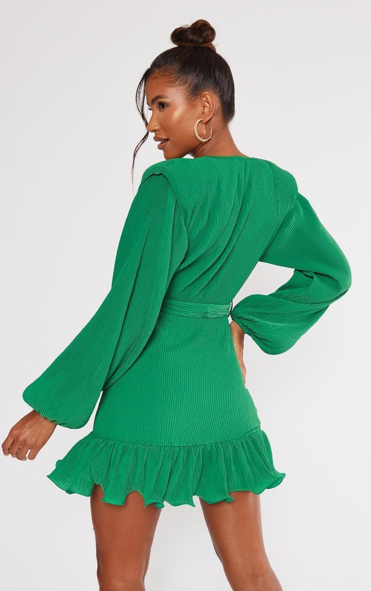 Bright Green Plisse Shoulder Pad Wrap Bodycon Dress Product Image