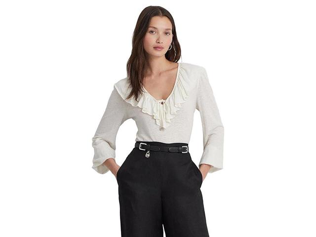 LAUREN Ralph Lauren Ruffle-Trim Jersey Tie-Neck Top (Mascarpone Cream) Women's Clothing Product Image