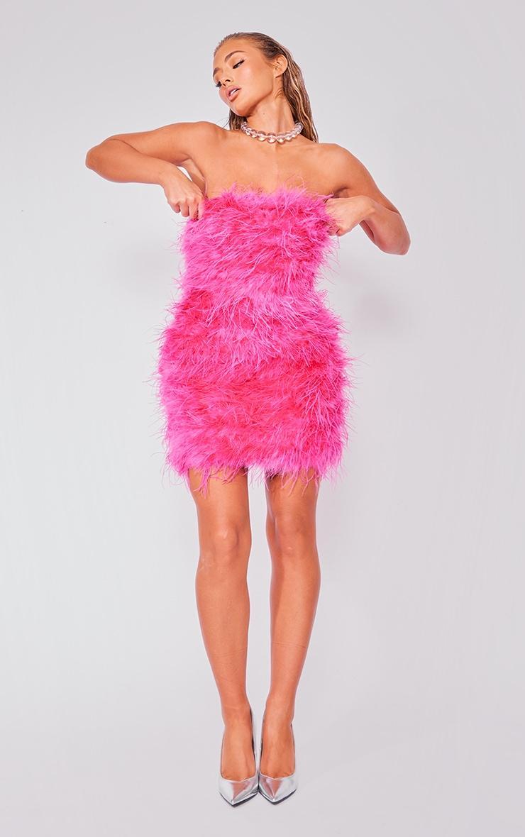 Pink Bandeau Feather Bodycon Dress Product Image