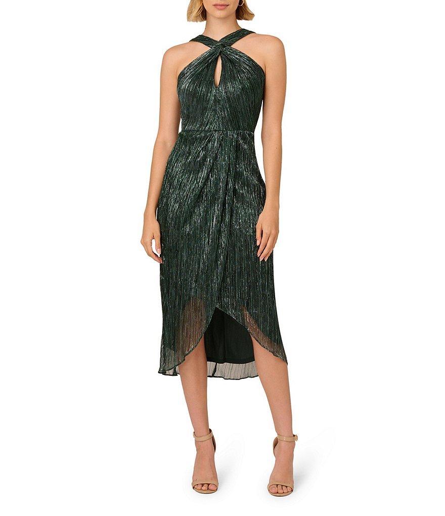 Adrianna Papell Metallic Knit Twist Keyhole Halter Neck Sleeveless Wrap Skirt Tulip Hem Midi Dress Product Image