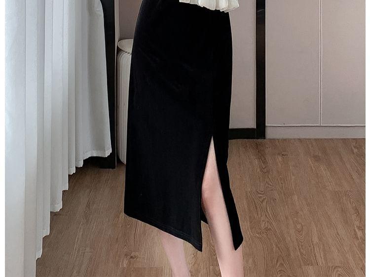 Set: Long-Sleeve Two Tone Velvet Asymmetrical Top + High Rise Midi Skirt Product Image