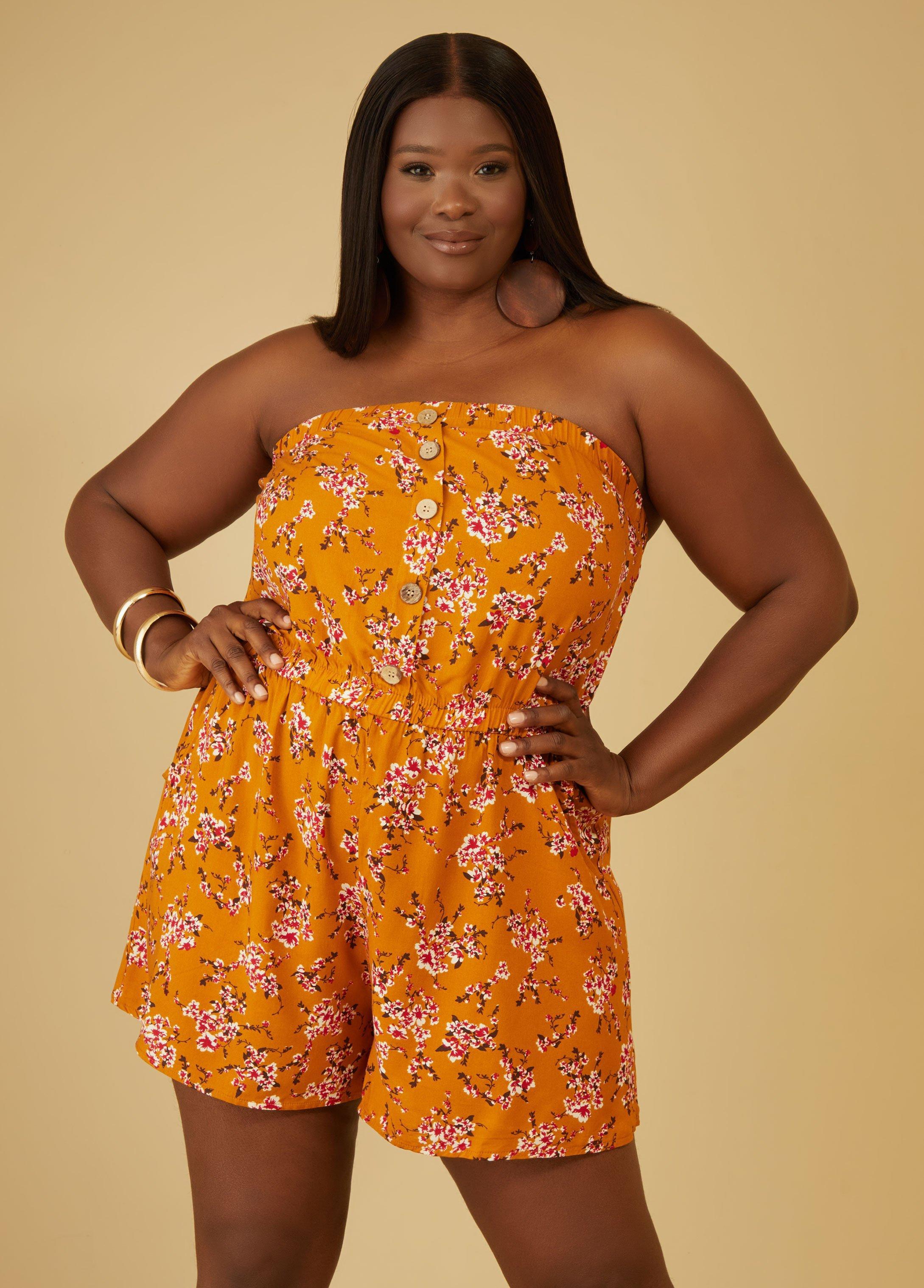 Plus Size Floral Print Strapless Romper Ashley Stewart Product Image